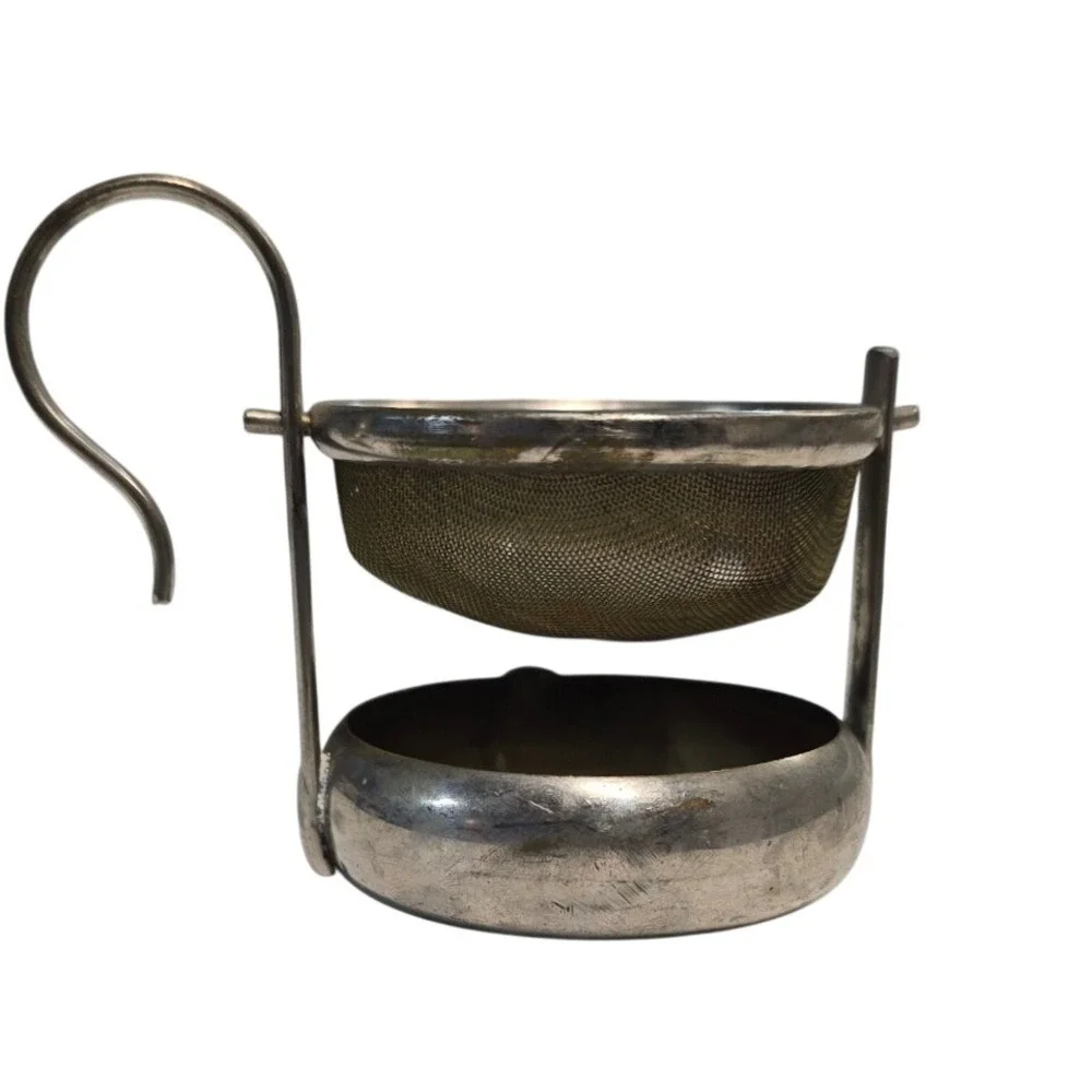 Vintage Silver Tone Swivel Over Cup Tea Strainer with Drip Cup Base 2.5 Inch